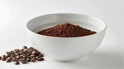 Bowl of ground coffee and beans isolated on white background