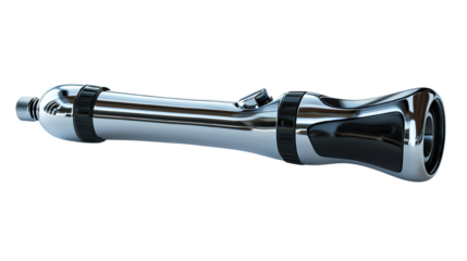 A chrome exhaust pipe with black accents.  The pipe is angled slightly to the left.  The end of the pipe is flared out. isolated on a transparent background.