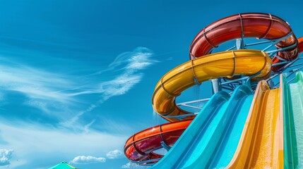 A colorful water slide with a blue, red, and yellow section