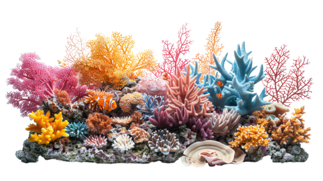 Vibrant coral reef teeming with life, showcasing a diverse array of coral species and marine life. isolated on a transparent background.