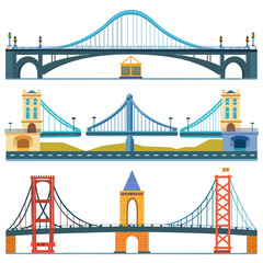 Collection iconic bridge illustrations, representing various famous bridge designs, detailed colorful. Arch suspension bridges depicted, landmark engineering urban environment, flat graphic style