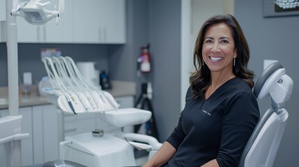 Happy smiling young woman showing beautiful teeth in dental room