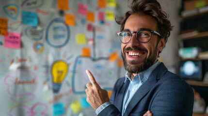 very excited businessman, man in suit got solution to the problem, eureka moment, got an idea, problem solving concept with light bulb