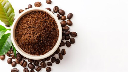 Bowl of ground coffee and beans isolated on white background