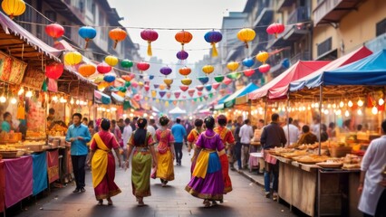 Obraz premium Colorful Street Festival with Traditional Lanterns and Cultural Performances