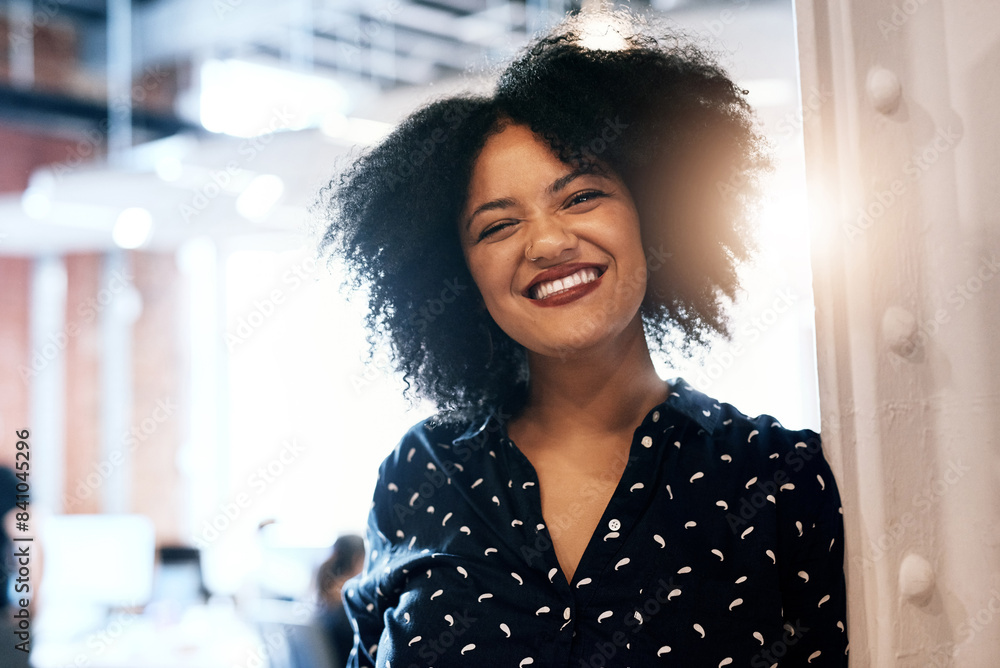 Poster Portrait, happy and business woman at office for career or job at creative startup company. Face, entrepreneur and smile of confident professional employee, worker or editor with flare in Brazil