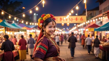 Obraz premium Joyful Cultural Night Market with Traditional Attire and Festive Lights