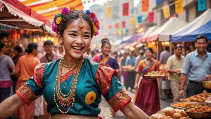 Obraz premium Colorful Cultural Street Festival with Smiling Performers