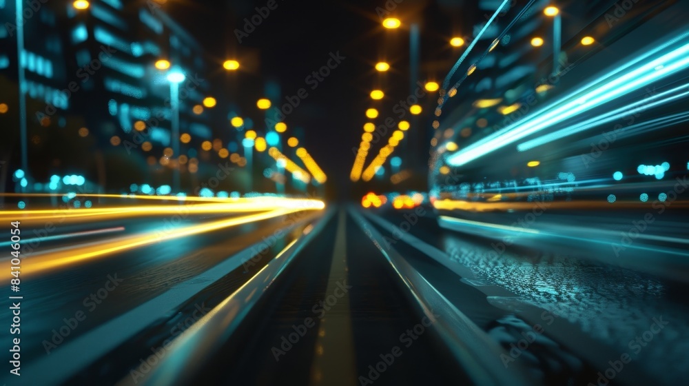 Poster the citys main thoroughfare illuminated with dynamic lights synchronized with the flow of traffic ke
