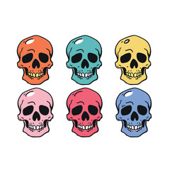 Obraz premium Six colorful cartoon skulls arranged two rows against isolated white background. Different colors orange, teal, yellow, pink, red, blue. Brightly colored human skulls, cartoonish design, simple