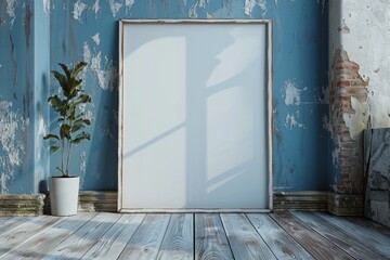Poster frame mockup on wooden floor created with Generative AI