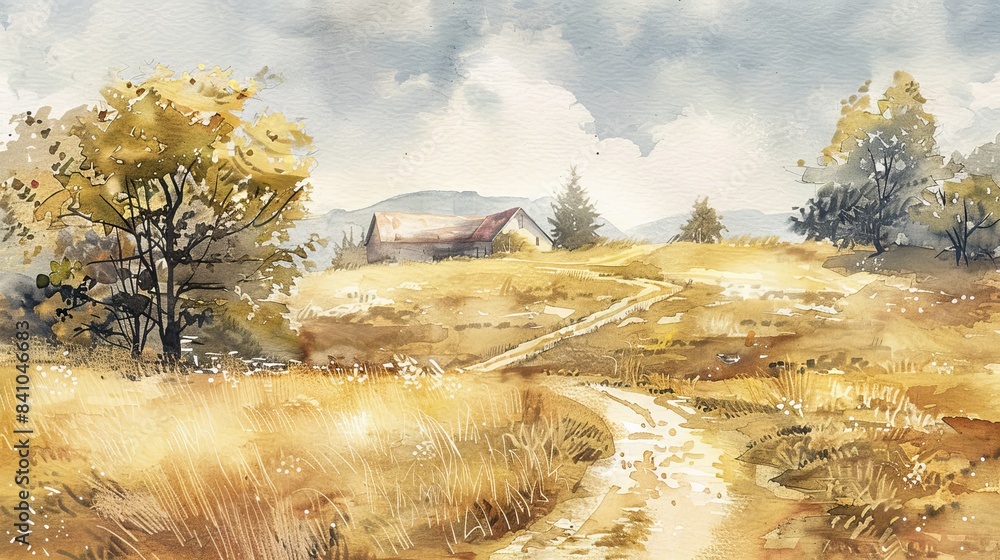 Wall mural countryside dirt road and old farmhouses watercolor art