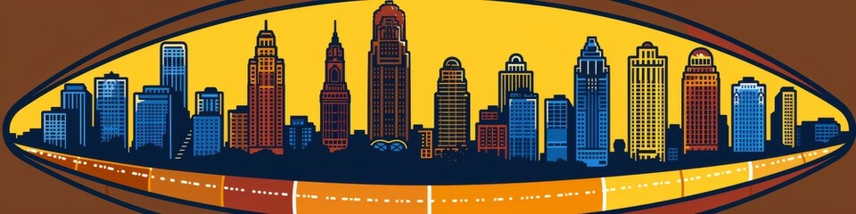 Naklejka premium Vibrant Colorful City Skyline Silhouette at Sunset with Diverse Skyscrapers Depicting Urban Diversity and Architectural Variety
