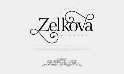 Zelkova premium luxury elegant alphabet letters and numbers. Vintage wedding typography classic serif font decorative vintage retro. creative vector illustration