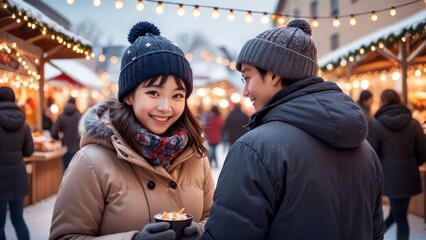 Fototapeta premium Happy Couple Enjoying Winter Festivities at a Christmas Market