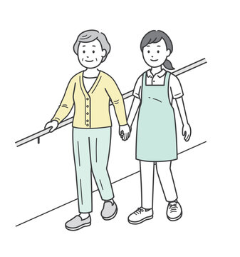 recommend clip art: 手すりを持ちながら笑顔で歩行訓練をする高齢女性と女性介護士のイラスト