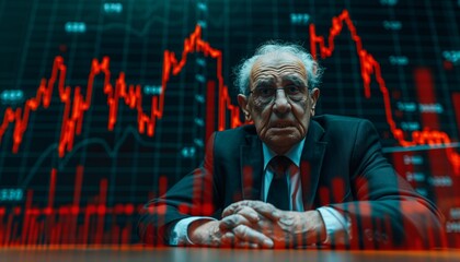 Elderly man with falling stock graphs behind