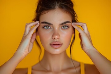 Fototapeta premium A woman with a calm expression, lightly pressing her fingers to her temples, against a plain yellow background