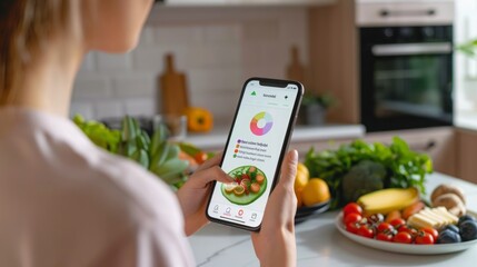 A woman uses a smartphone app to track her food intake while standing in a kitchen with fresh fruits and vegetables.