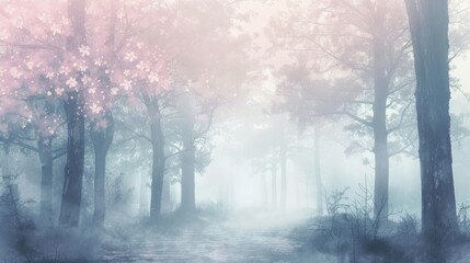 misty morning spring forest watercolor painting