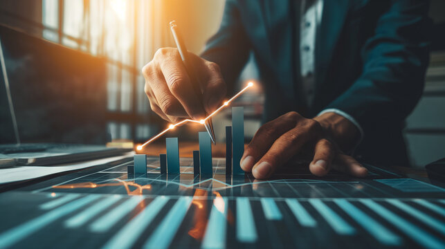 Businessman leading business growth with good strategy, analysis, and planning. Future growth plane, concept. analysing the data for business success profit and expansion