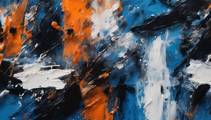 A dynamic and colorful abstract painting featuring bold splashes of blue, orange, black, and white that create an energetic and textured composition