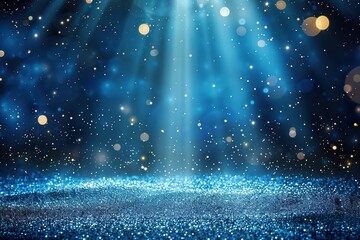 Abstract Blue background with bokeh lights and glitter, shining golden stage backdrop
