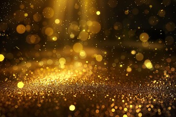 Abstract Gold background with bokeh lights and glitter, shining golden stage backdrop for product presentation