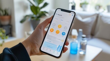 A person uses a smartphone app to control their smart home devices. The app interface is visible, showing various controls for lighting, temperature, and other devices.