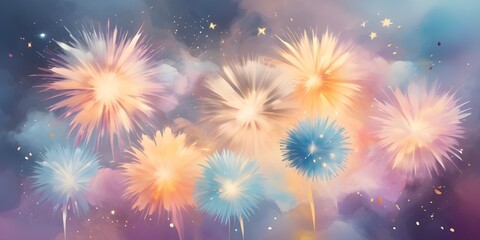 Fototapeta premium Colorful fireworks explosion watercolor painting