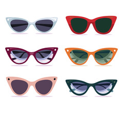 Collection stylish sunglasses designs, colorful fashionable set. Six different sunglasses frames, retro, modern, cateye styles. Fashion accessories, summer, trendy, variety, isolated