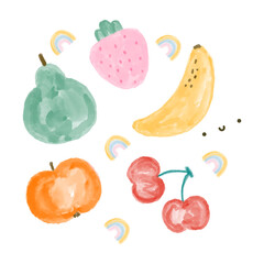 Kawaii watercolor set of fruits, orange apple, yellow banana,green pear,pink strawberry,red cherry, rainbow, cute face clipart