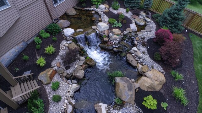 Installed backyard pondless waterfall viewed from above