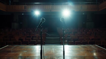 Modern conference stage with two microphones under spotlights ready for speakers to take the stage in a dark conference room. Public speaking and presentation concept at conference.