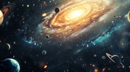 Fototapeta premium Planets of the solar system against the background of a spiral galaxy in space. national asteroid day