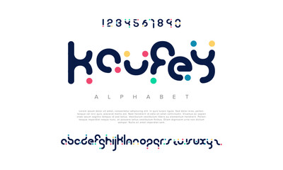 Kaufey creative geometric modern urban alphabet font. Digital abstract futuristic, fashion, sport, minimal technology typography. Simple numeric vector illustration