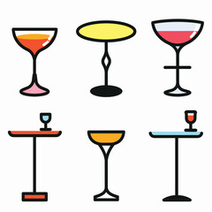 Collection cocktail glasses tables, modern simplistic style. Various types glasses tables, colorful design, isolated white. Dining, drinking, restaurant, cocktail party graphical elements