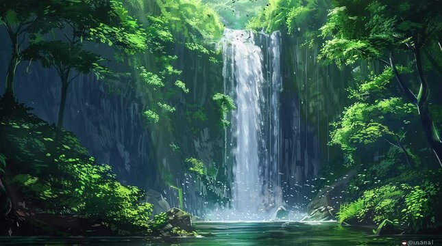 Enchanting waterfall cascading through a lush green forest, creating a picturesque natural scene
 Seamless looping 4k time-lapse virtual video animation background. Generated AI