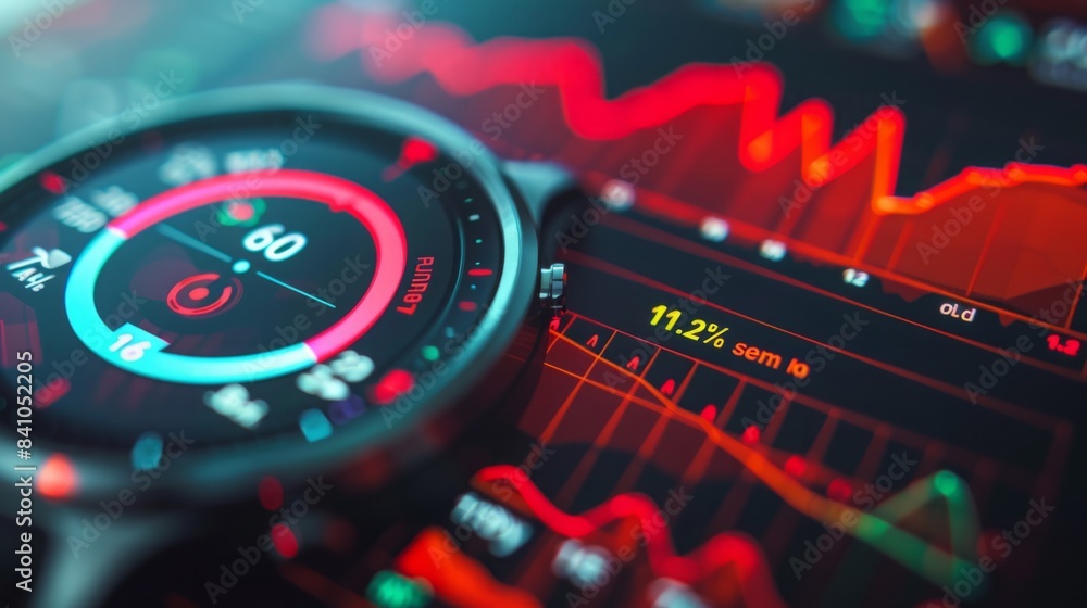 Poster a smartwatch with a heart rate monitor display is positioned over a phone screen showing financial d