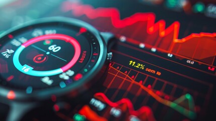 A smartwatch with a heart rate monitor display is positioned over a phone screen showing financial data, with a red line graph indicating a downward trend.