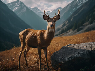 Obraz premium A deer standing on grass hill next to majestic mountains and forest with the view of sky and clouds
