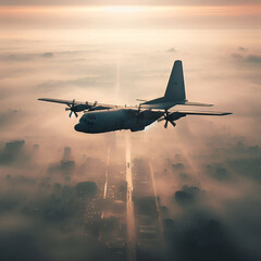 Fototapeta premium Lockheed Four-Engine Turboprop C130 Hercules Propeller American Military Transport Cargo Airplane Aircraft Plane Gunship In Flight Crossing the Foggy Clouds Sky Flying Level to National Air Force Show