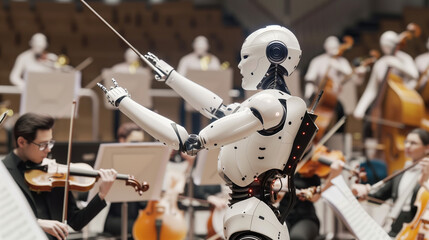 Naklejka premium 3D Rendering of Robot AI Conducting Orchestra on White Background