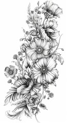 Fototapeta premium A delicate black and white drawing of a classic floral featuring various flowers and leaves, wallpaper, card