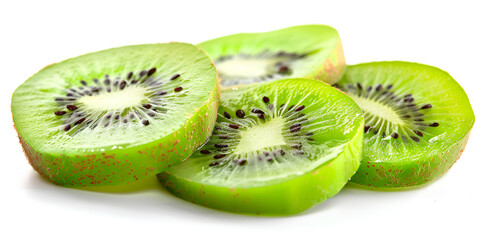 a group of four green kiwi slices with their black seeds visible, placed on a white background.