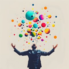 Entrepreneurs Juggling Colorful Orbs Representing Business Metrics
