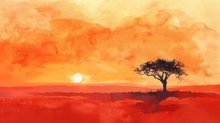 savanna with a lone acacia tree silhouetted against the setting sun watercolor painting