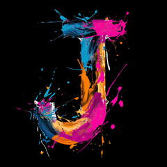 A striking "J" with bold strokes of magenta, cyan, and gold on a black canvas, blending vividly.