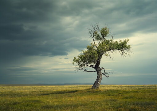 A lone tree stands in a grassy field under a dark, stormy sky, creating a dramatic and moody atmosphere.
