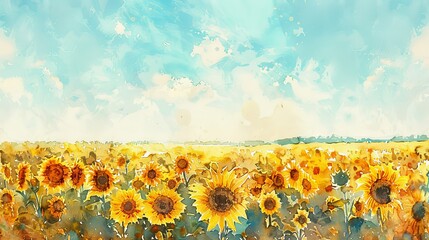 Obraz premium sunflower field under a clear blue sky watercolor illustration